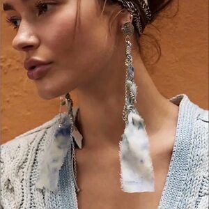 Free People Clearwater Shell Silver Tassel Earrings with Blue and White Fabric
